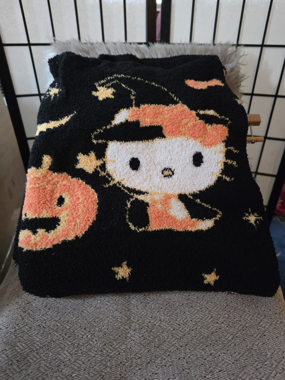 Hello Kitty Black Plush Halloween Throw with Orange & White Accents